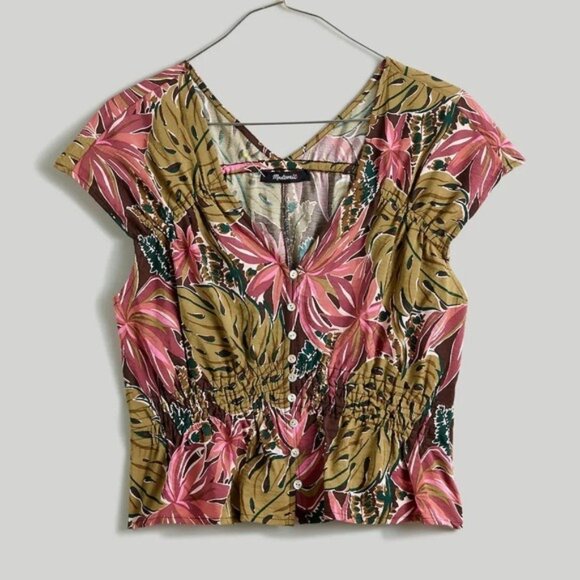Madewell Tropical Boho Button Top Feminine Cap Sleeve Beach V Neck Stretch Large - Picture 1 of 7